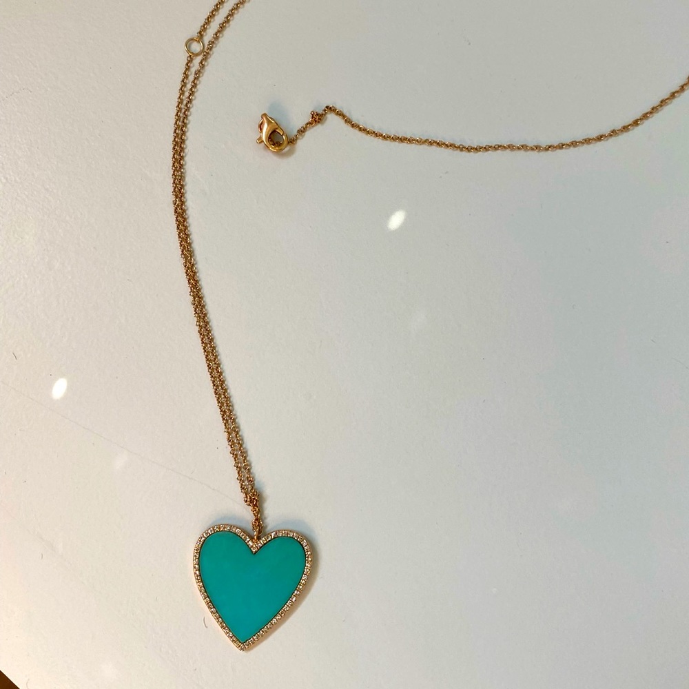 Turquoise & Pave Diamond Heart Chain Rose Gold Necklace